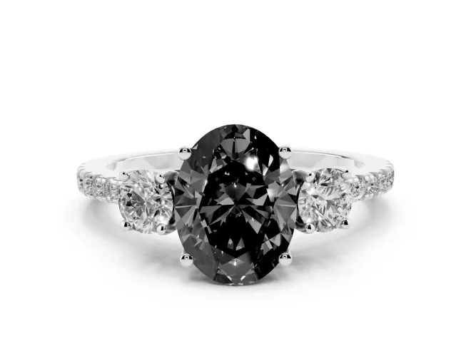 Fancy Black Oval Cut Diamond Three-Stone Ring Set in White gold with Pavé Band and Graduated Sides