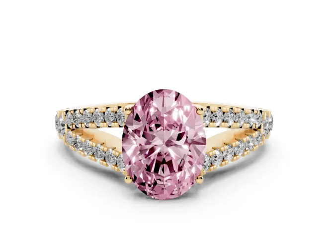 Fancy Pink Oval Cut Diamond Split Shank Pavé Engagement Ring Set in Yellow gold with Prong-Held Center Stone