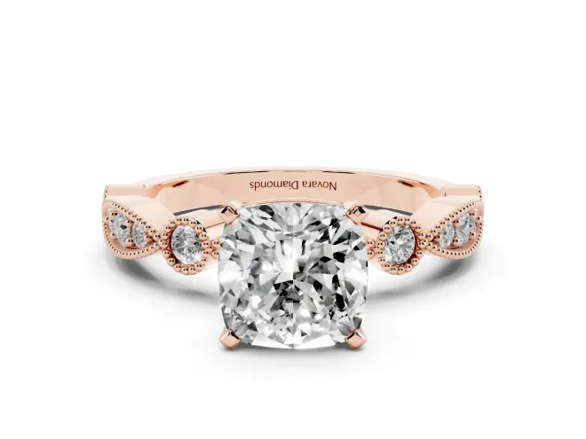 Cushion Cut Vintage Milgrain Solitaire Engagement Ring Setting | Bezel Accents | Rose Gold