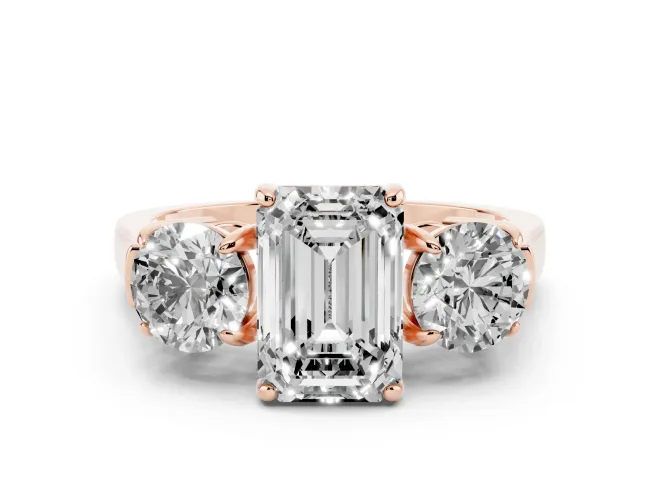 Emerald Cut Three Stone Engagement Ring Setting | Round Side Stones and Open Baskets | Rose Gold