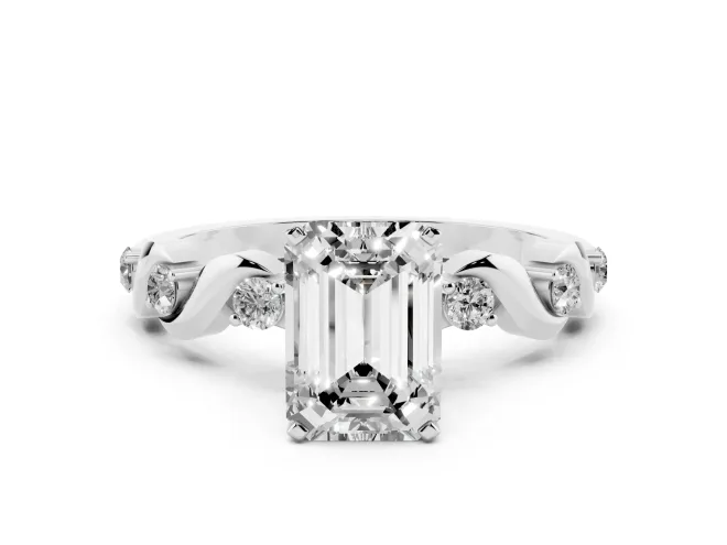 Emerald Cut Diamond Solitaire Ring Set in White gold with Ribbon Twist Band, Round Accents and Prong Setting