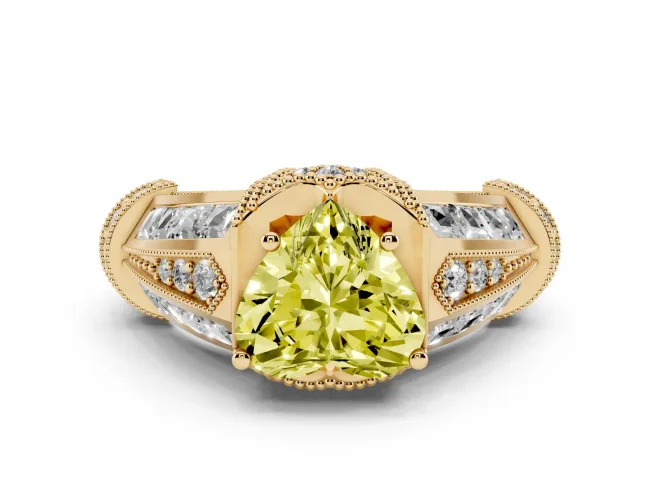 Fancy Yellow Heart Cut Diamond Vintage-Inspired Milgrain Ring Set in Yellow gold with Accent Split Shank