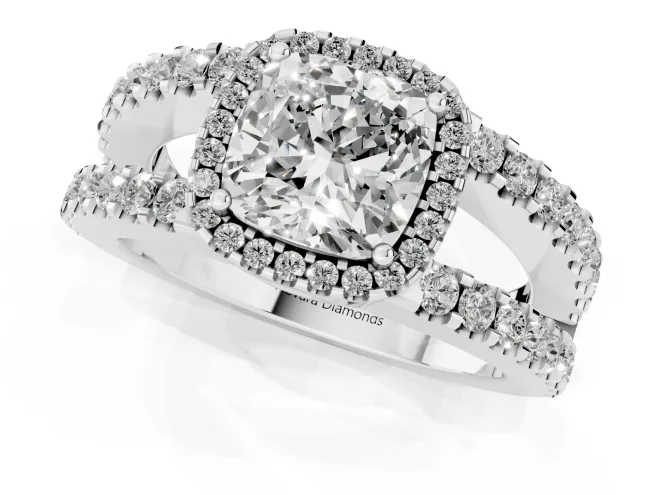 Cushion Cut Diamond Halo Ring Set in Platinum with Pavé Split Shank and Prong Setting – second view