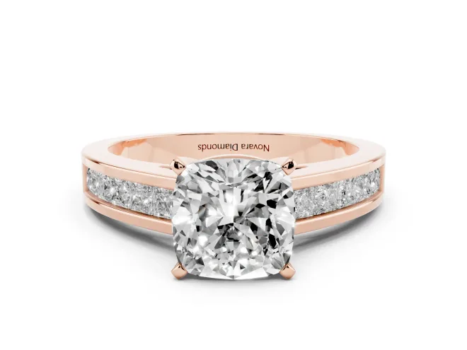 Cushion Cut Channel Set Engagement Ring Setting | Princess Cut Accents | Rose Gold