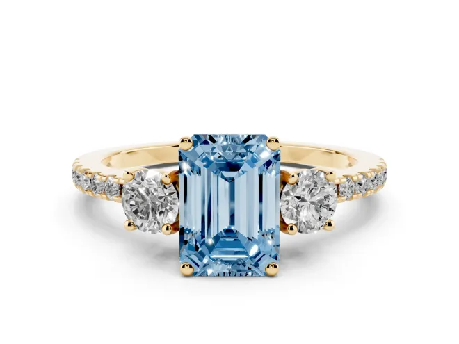 Emerald Cut Three Stone Engagement Ring Setting for a Fancy Blue Lab-Grown Diamond | Pavé Shoulders | Yellow Gold