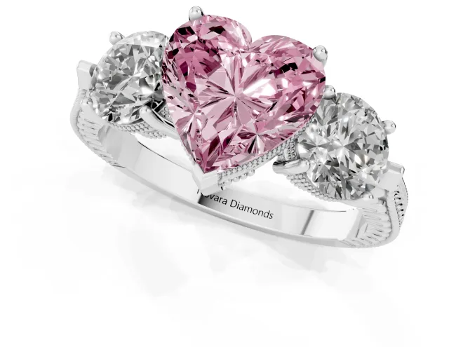 Fancy Pink Heart Cut Diamond Three-Stone Ring Set in Silver with Milgrain Band – second view
