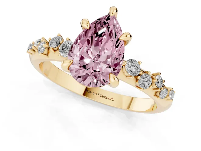 Fancy Pink Pear Cut Diamond Solitaire Vine Band Ring Set in Yellow gold with Round Accents and Prong Setting – second view