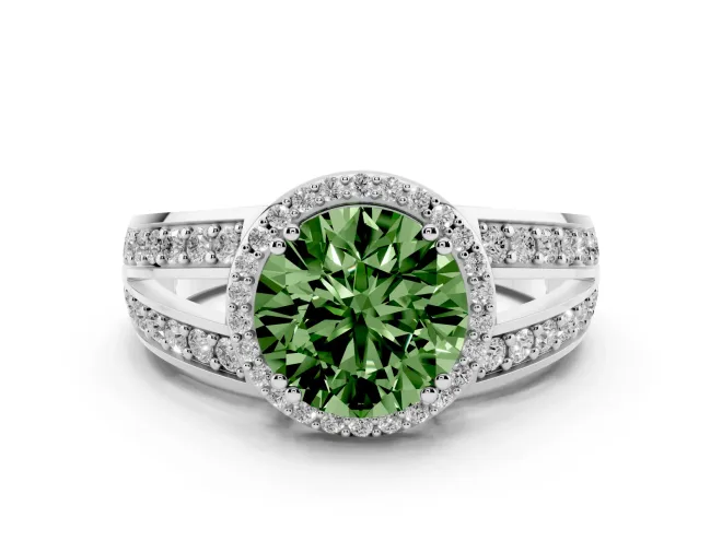 Fancy Green Round Cut Diamond Halo Ring Set in Silver with Double Pavé Split Shank