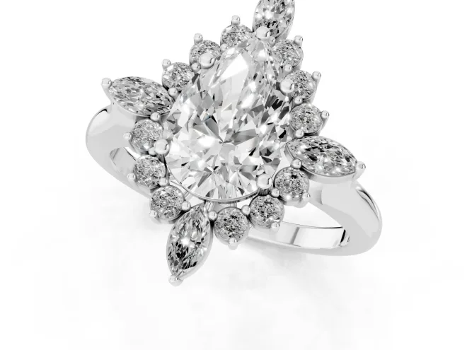Pear Cut Diamond Cluster Halo Ring Set in Platinum with Marquise and Round Accents – second view