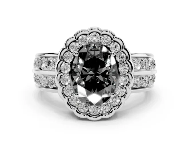 Oval Scalloped Halo Engagement Ring Setting for a Black Center | Double Row Band | White Gold