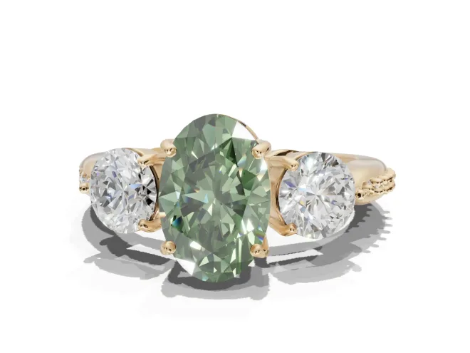 Oval Three Stone Engagement Ring Setting for a Fancy Green Lab-Grown Diamond | Tapered Pavé Band | Yellow Gold