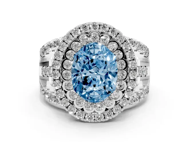 Fancy Blue Oval Cut Diamond Double Halo Ring Set in Silver with Round Pavé Split Shank