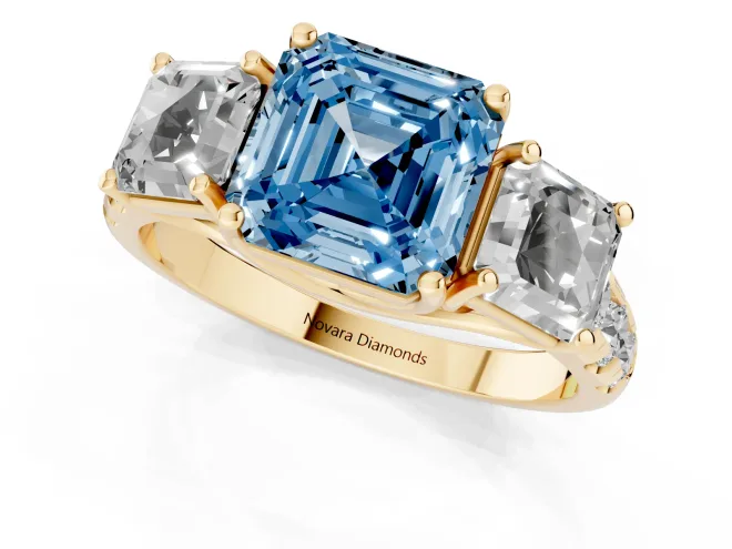Fancy Blue Asscher Cut Diamond Three-Stone Ring Set in Yellow gold with Pavé Band – second view