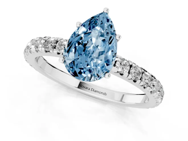 Fancy Blue Pear Cut Diamond Pavé Solitaire Engagement Ring Set in White gold with Prong Setting – second view