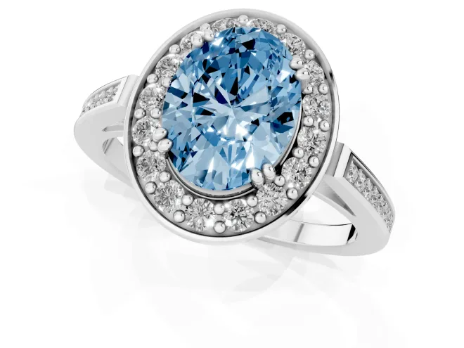 Fancy Blue Oval Cut Diamond Halo Ring Set in Platinum with Accent-Lined Split Shank and Prong Setting – second view