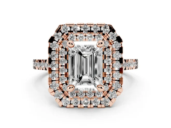 Emerald Cut Diamond Double Halo Statement Ring Set in Rose gold with Pavé Band
