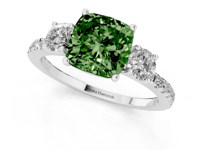 Fancy Green Cushion Cut Diamond Three-Stone Ring Set in Silver with Pavé Band and Graduated Sides – second view