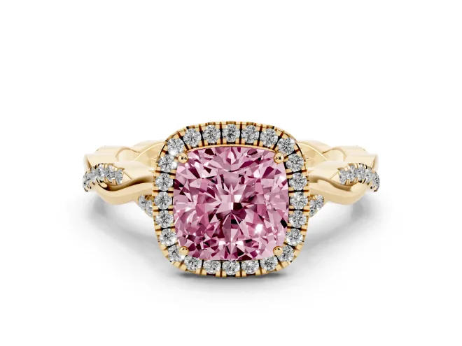 Cushion Cut Twist Halo Engagement Ring Setting for a Fancy Pink Lab-Grown Diamond | Yellow Gold