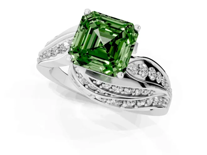 Fancy Green Asscher Cut Diamond Solitaire Ring Set in White gold with Layered Twist Pavé Band – second view