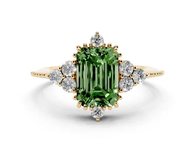 Fancy Green Emerald Cut Diamond Cluster Ring Set in Yellow gold with Beaded Band