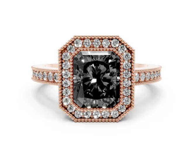 Fancy Black Radiant Cut Diamond Halo Engagement Ring Set in Rose gold with Pavé Band and Round Halo Stones