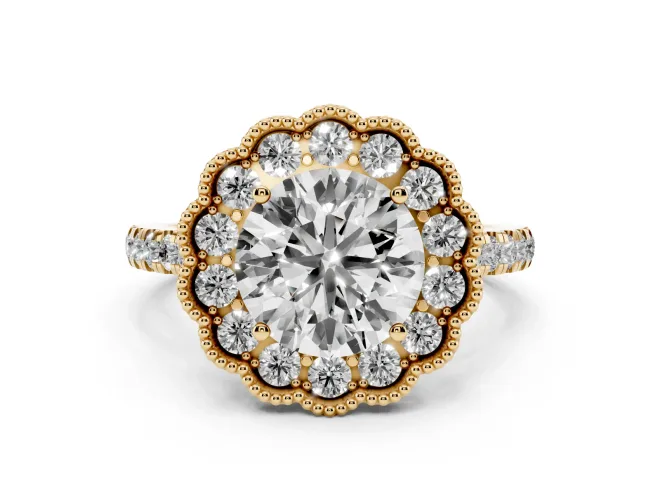 Round Vintage Milgrain Floral Halo Engagement Ring Setting | Pavé Band | Yellow Gold