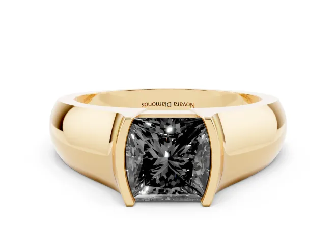 Fancy Black Princess Cut Diamond Bezel Solitaire Ring Set in Yellow gold with Wide Band