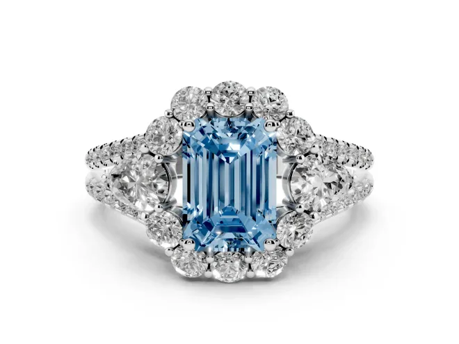 Emerald Cut Halo Engagement Ring Setting for a Fancy Blue Lab-Grown Diamond | Sterling Silver - Design NV-24738