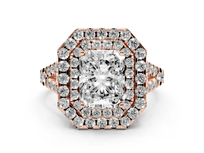 Radiant Cut Diamond Double Halo Ring Set in Rose gold with Pavé Split Shank and Prong Setting