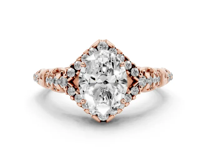 Oval Cut Diamond Solitaire Ring Set in Rose gold with Hidden Halo and Pavé Band