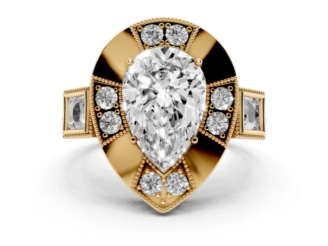 Pear Cut Diamond Milgrain Halo Ring Set in Yellow gold with Split Shank