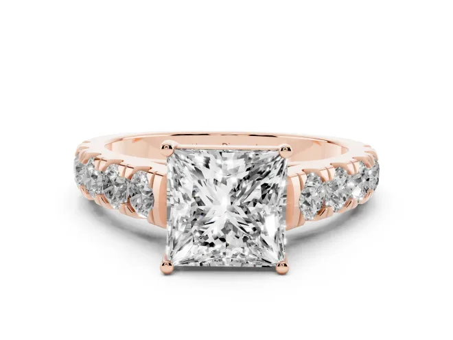 Princess Cut Diamond Solitaire Ring Set in Rose gold with Cut-Down Micro Pavé Band and Prong Setting