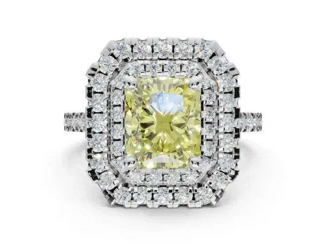 Radiant Cut Double Halo Engagement Ring Setting for a Fancy Yellow Lab-Grown Diamond | Pavé Shoulders | White Gold