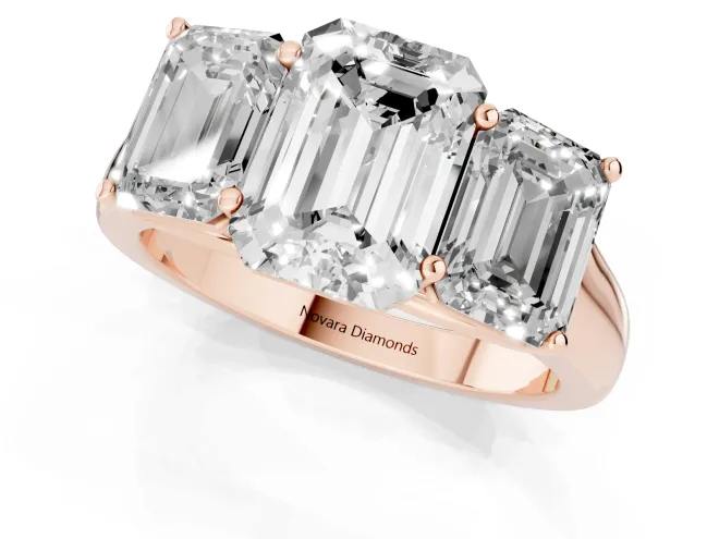 Emerald Cut Diamond Three-Stone Ring Set in Rose gold with Plain Polished Band – second view