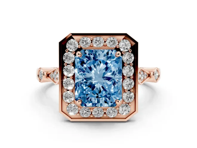 Radiant Cut Halo Engagement Ring Setting for a Fancy Blue Lab-Grown Diamond | Bezel Station Shoulders | Rose Gold