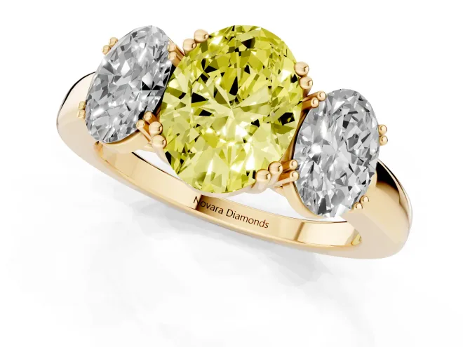 Fancy Yellow Oval Cut Diamond Three-Stone Ring Set in Yellow gold with Polished Band and Prong Setting – second view