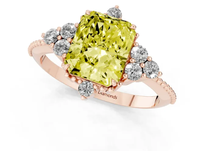 Fancy Yellow Radiant Cut Diamond Cluster Ring Set in Rose gold with Beaded Band – second view