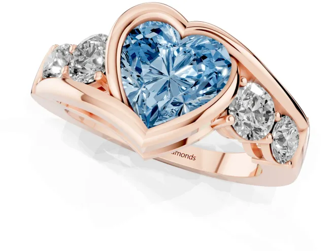 Fancy Blue Heart Cut Diamond Bezel Bypass Ring Set in Rose gold with Round Accents – second view