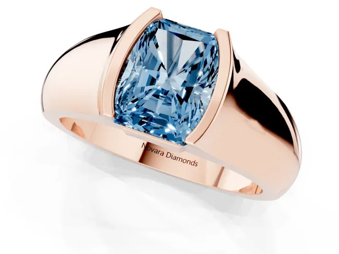 Fancy Blue Radiant Cut Diamond Bezel Solitaire Ring Set in Rose gold with Wide Band – second view
