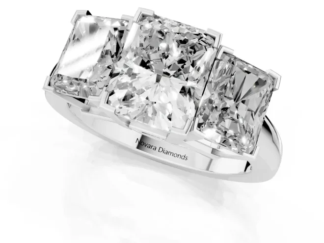 Radiant Cut Diamond Three-Stone Ring Set in White gold with Channel-Set Band and Prong Settings – second view