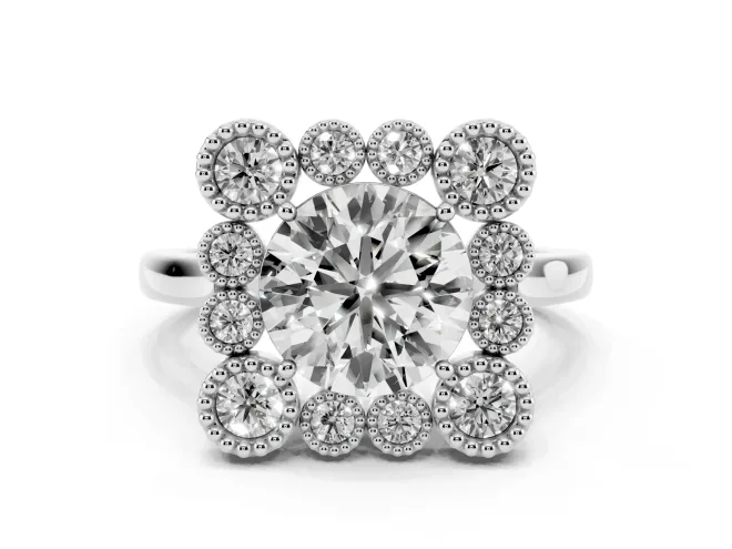 Round Cut Diamond Cluster Halo Ring Set in Silver with Milgrain Bezel Accents and Plain Band
