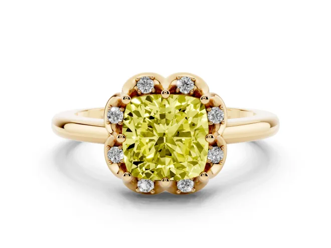 Cushion Cut Petal Halo Engagement Ring Setting for a Fancy Yellow Lab-Grown Diamond | Yellow Gold
