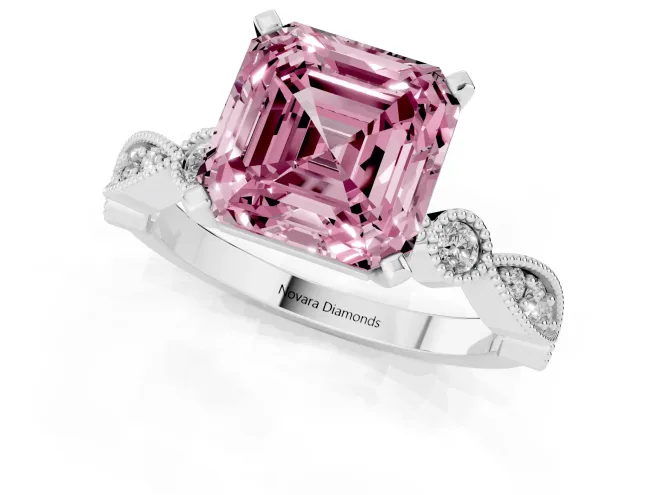 Fancy Pink Asscher Cut Diamond Solitaire Engagement Ring Set in Silver with Milgrain Bezel Accent Band – second view