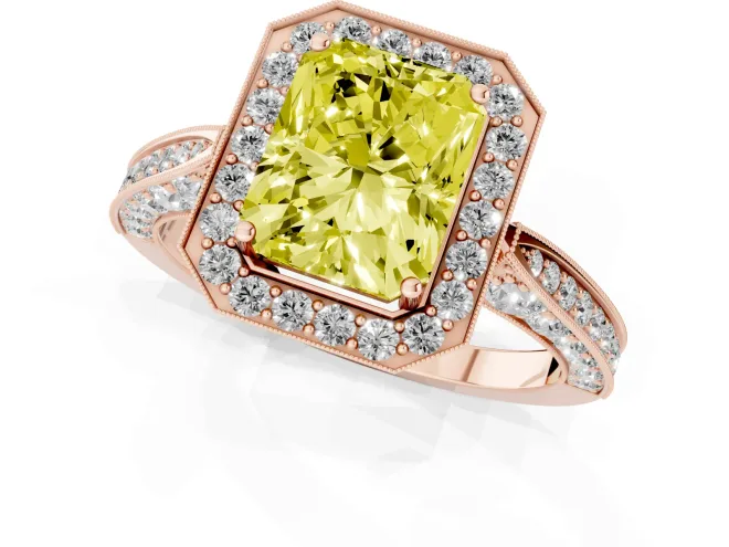 Fancy Yellow Radiant Cut Diamond Halo Engagement Ring Set in Rose gold with Accent Split Shank Band – second view