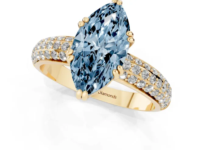 Fancy Blue Marquise Cut Diamond Solitaire Ring Set in Yellow gold with Multi-Row Round Pavé Band and Prong Setting – second view