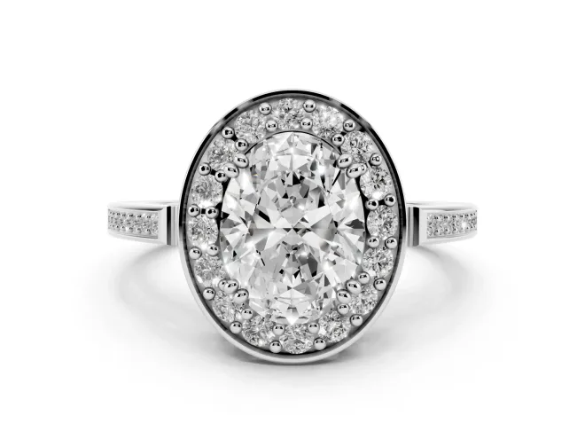 Oval Cut Diamond Halo Ring Set in Silver with Accent-Lined Split Shank and Prong Setting