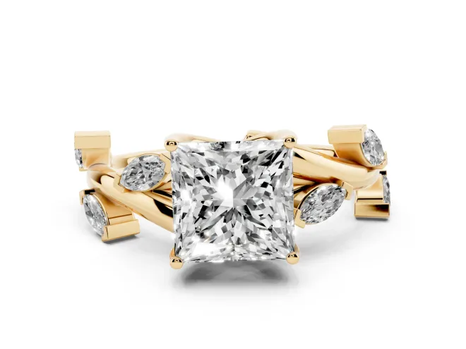 Princess Cut Twisted Vine Engagement Ring Setting | Marquise Side Stones | Yellow Gold