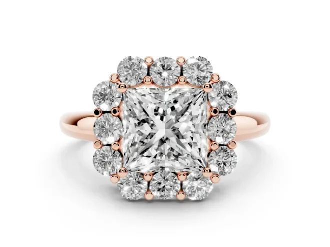 Princess Cut Diamond Milgrain Halo Solitaire Ring Set in Rose gold with Bezel Set Side Stones and Pavé Band