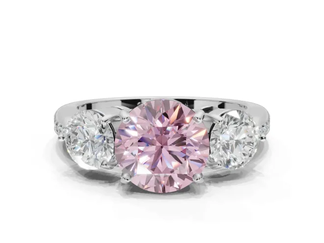 Round Three Stone Engagement Ring Setting for a Fancy Pink Lab-Grown Diamond | Tapered Pave Band | Sterling Silver