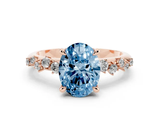 Fancy Blue Oval Cut Diamond Solitaire Vine Band Ring Set in Rose gold with Round Accents and Prong Setting